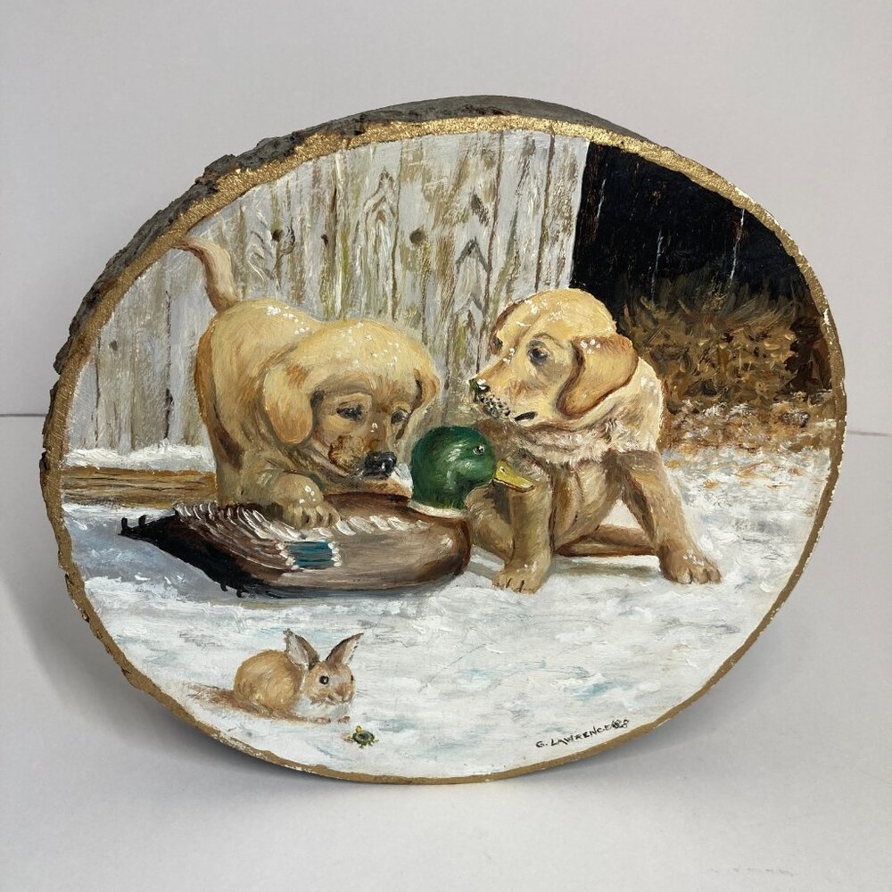 Hand Painted Golden Retriever Puppies Winter Painting On Log Wood Art G Lawrence